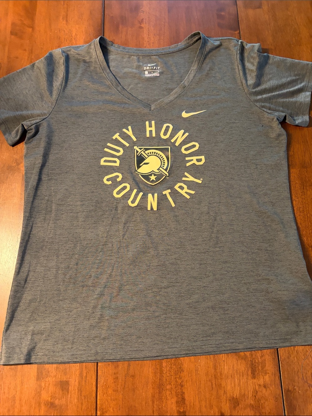 Nike Gray V-Neck Dri-FIT Tee with Yellow 'Duty Honor Country' Graphic